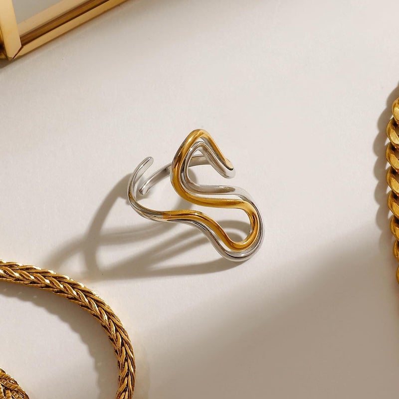AiTURE Chunky Rings For Women, Gold Silver Thumb Ring Asymmetrical Wavy Curve Ring Adjustable Non Tarnish Dainty Stainless Steel New Year Anniversary Birthday Jewelry Gift - Image 4